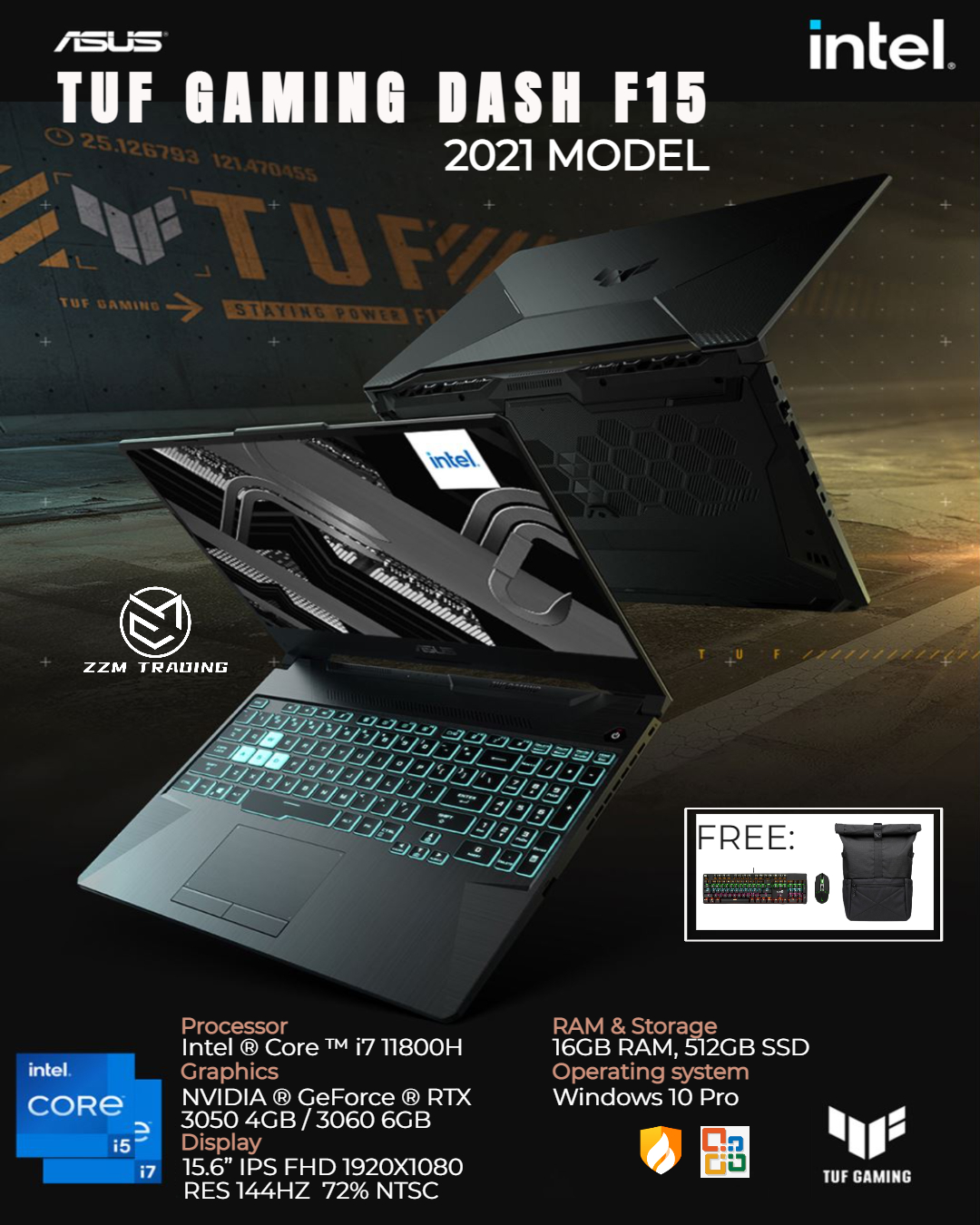 Asus Tuf Gaming Dash F15 Fx506hm Fx506h Brand New Gaming Laptop Intel® Core™ I7 11800h Rtx 3050 8350