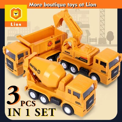 Lion Toy Store[3 in 1 set] City Builders Friction Truck Simulation Large Crane Engineering Vehicle Toy Boy Child Baby Trolley Crane Wooden Inertial Rail Car Track Toy Gift for Children