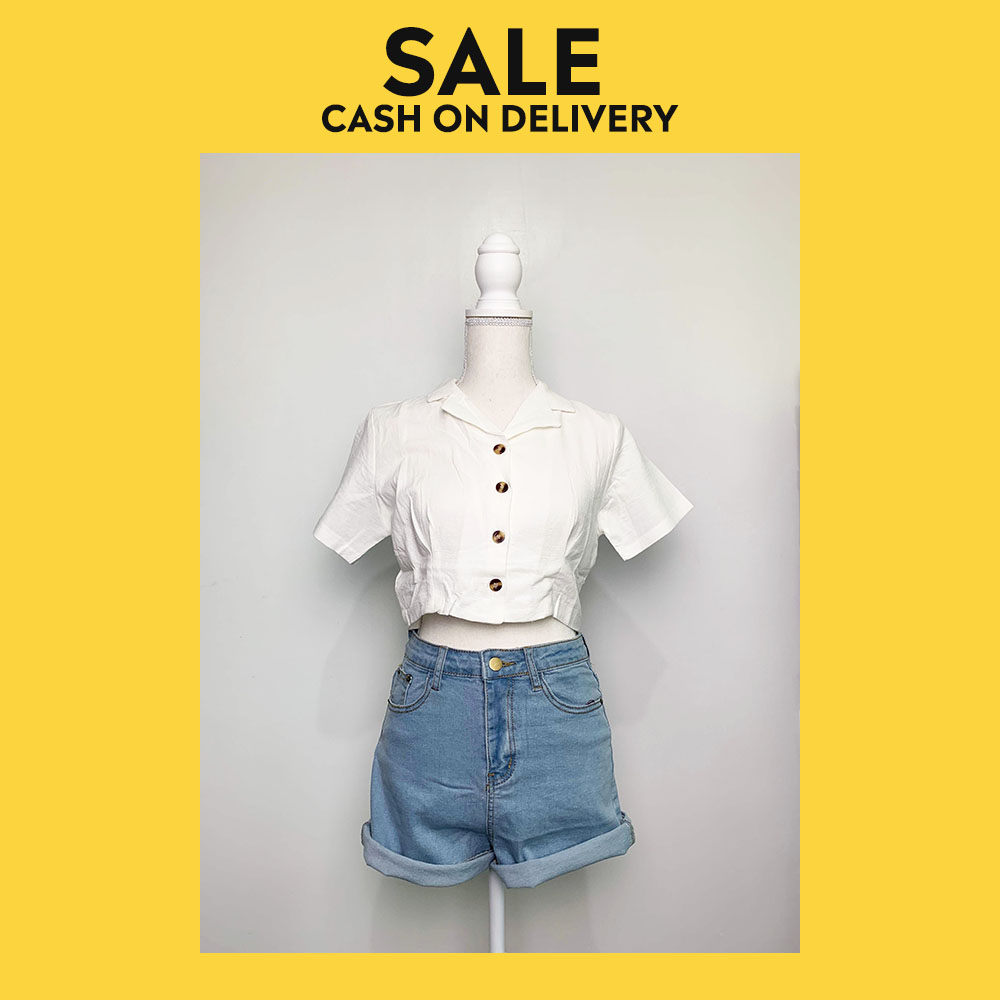 Korean Button Down Polo Collar Crop Top 
