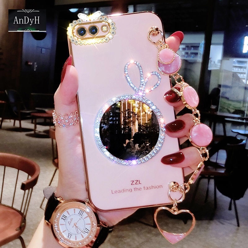 AnDyH Precise camera protection case For OPPO A3S A12E Realme C1 cases Bunny makeup mirror with gemstone bracelet