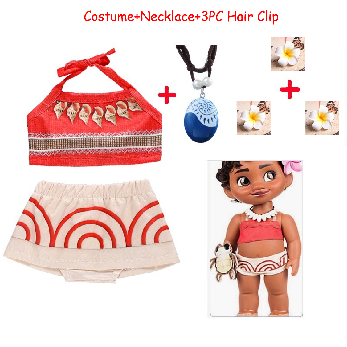 5PC Summer Girls Moana Costume +Necklace+Hairpin Cosplay for Kids