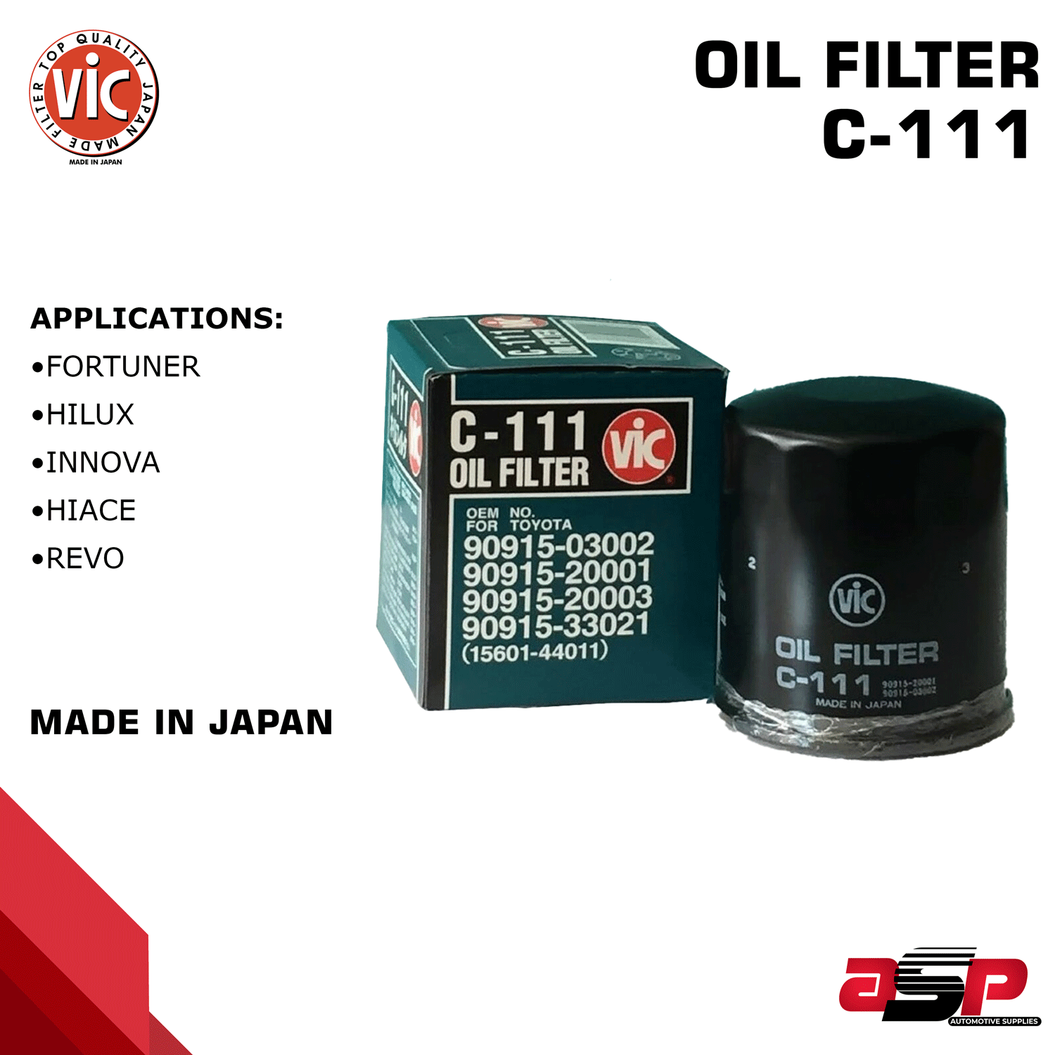 VIC C-111 Oil Filter for Toyota Diesel (Innova, Fortuner, Hi-ace D4D, and  Revo Gas 2.0, Hilux)