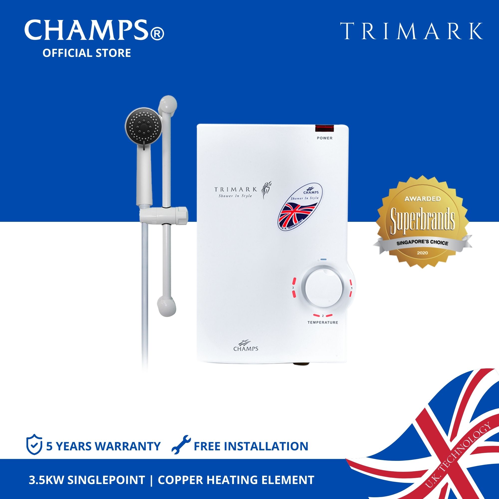 Champs Trimark 3.5 kw Singlepoint Instant Shower Water Heater (Please