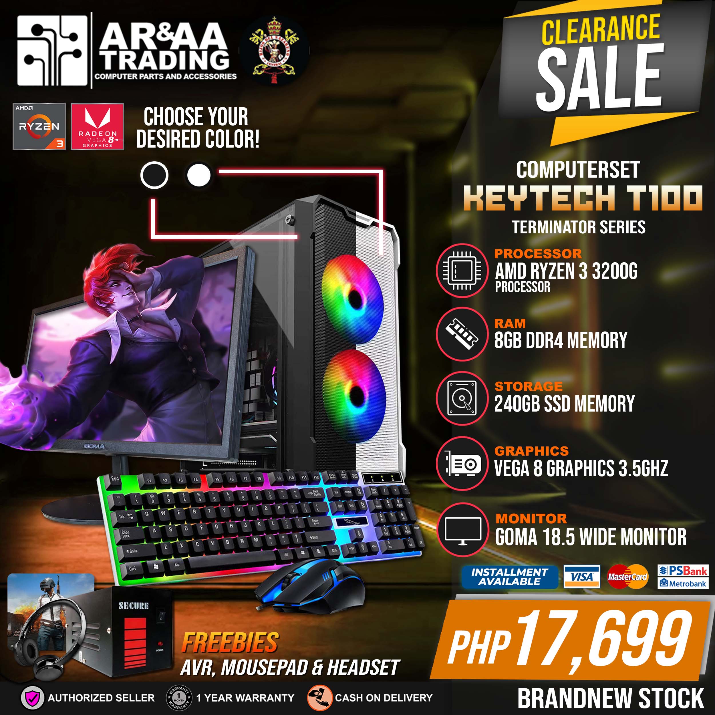 BRANDNEW Computer Set CPU Keytech T100-AMD Ryzen 3 3200G-8gb DDR4 240gb ...