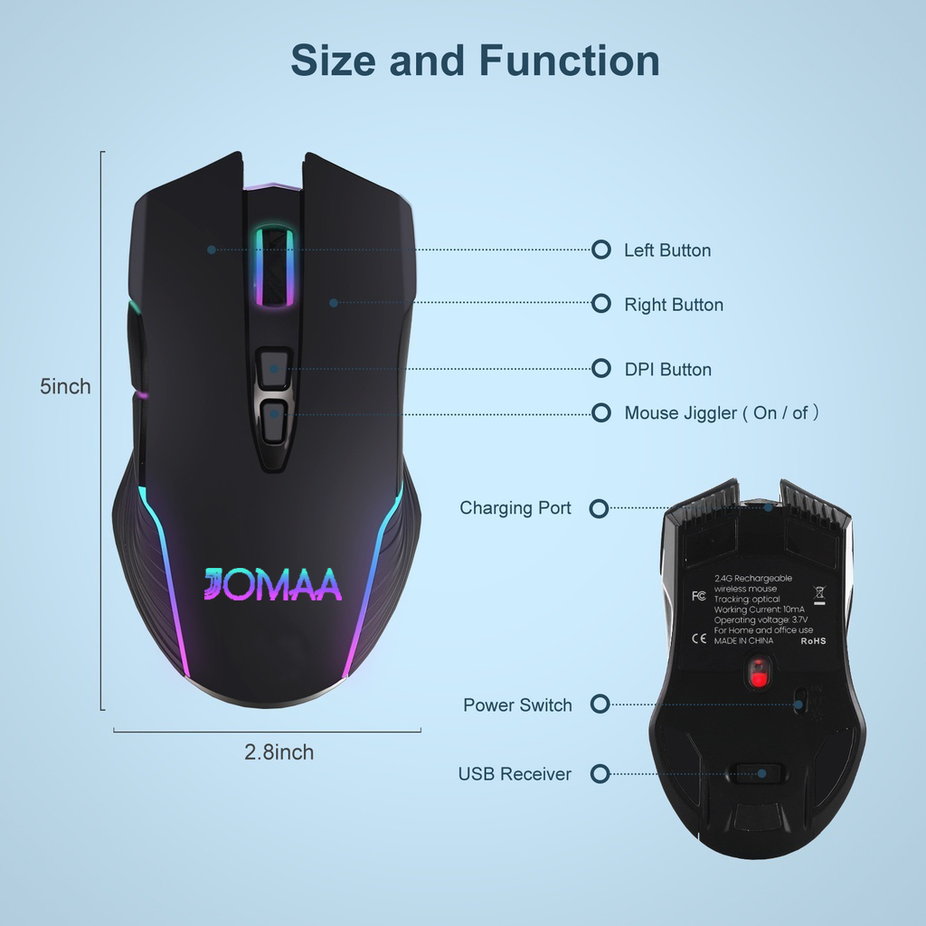 JOMAA Jiggle Type C Wireless Mouse for MacBook Laptop Computer Mouse USB 2.4GHz Ergonomic Mice Adjustable 2400DPI Gaming Mouse Backlit