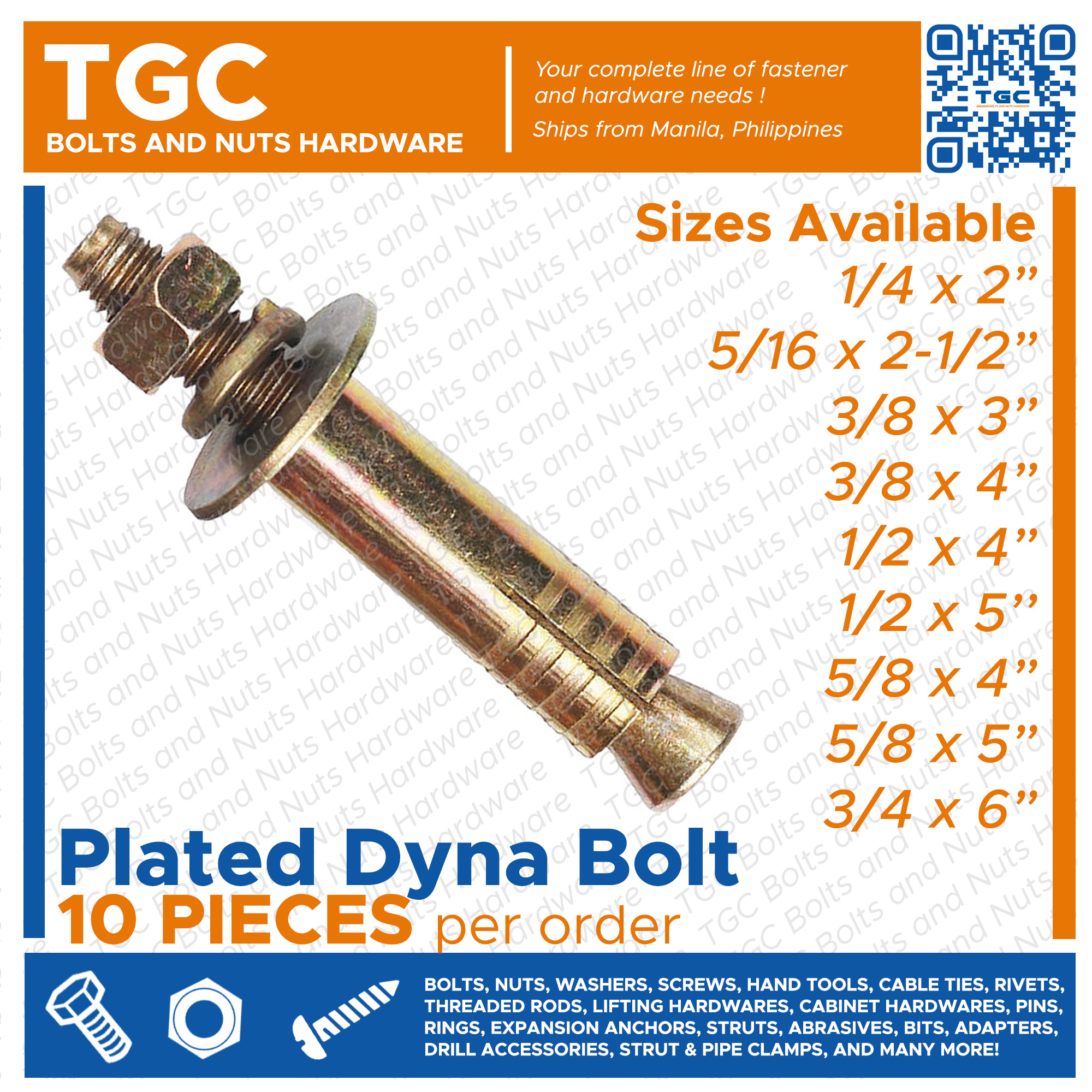 TGC 10PCS Dyna Bolt 1 4 5 16 3 8 1 2 5 8 3 4 Inches Tetanized 