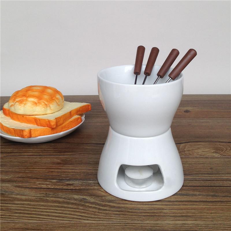 Ceramic Chocolate Fondue Set with Forks-Tea Light Porcelain Melting Pot