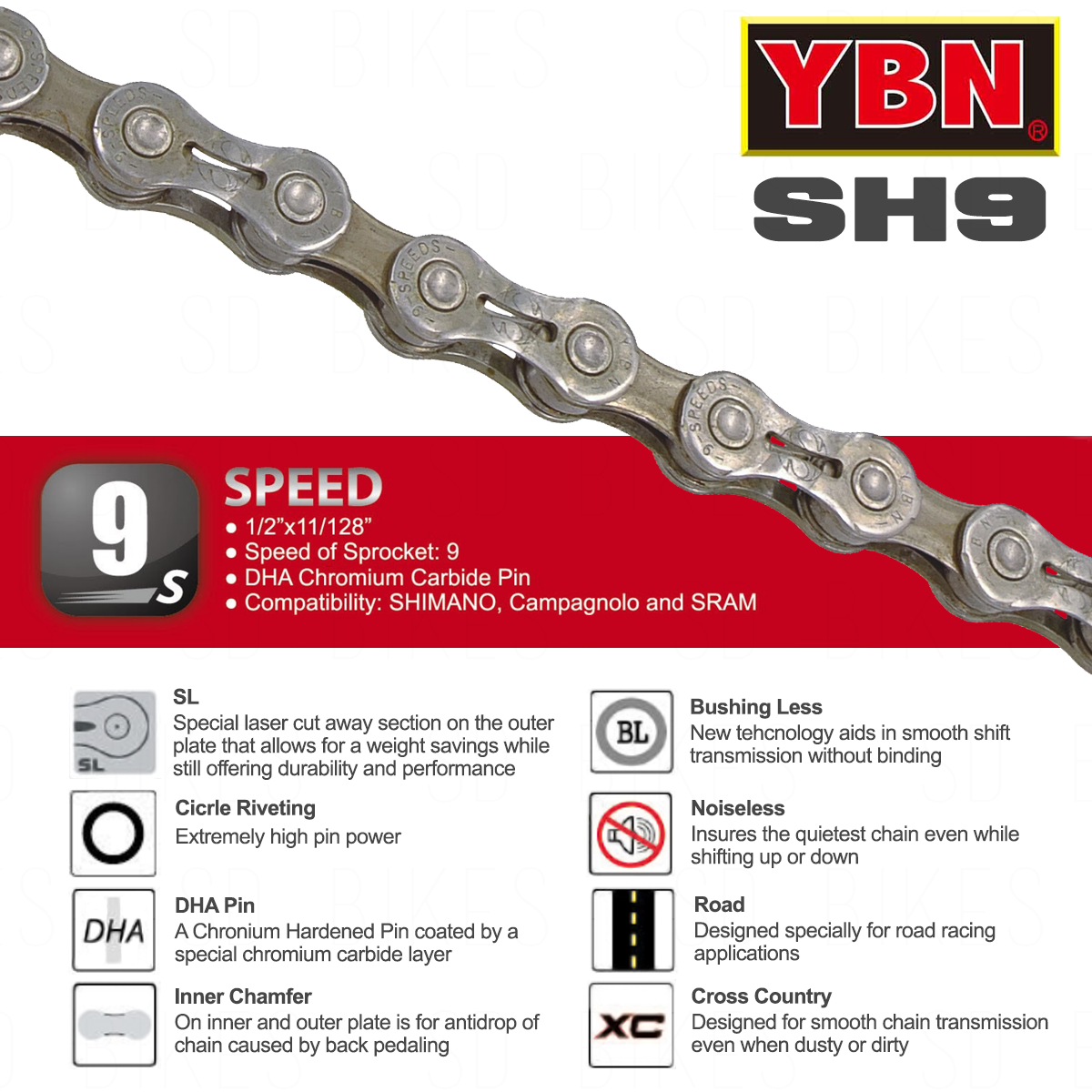 New YBN 9 Speed Bicycle Chain SH-9C Fit Shimano Sram & Campangnolo Silver 
