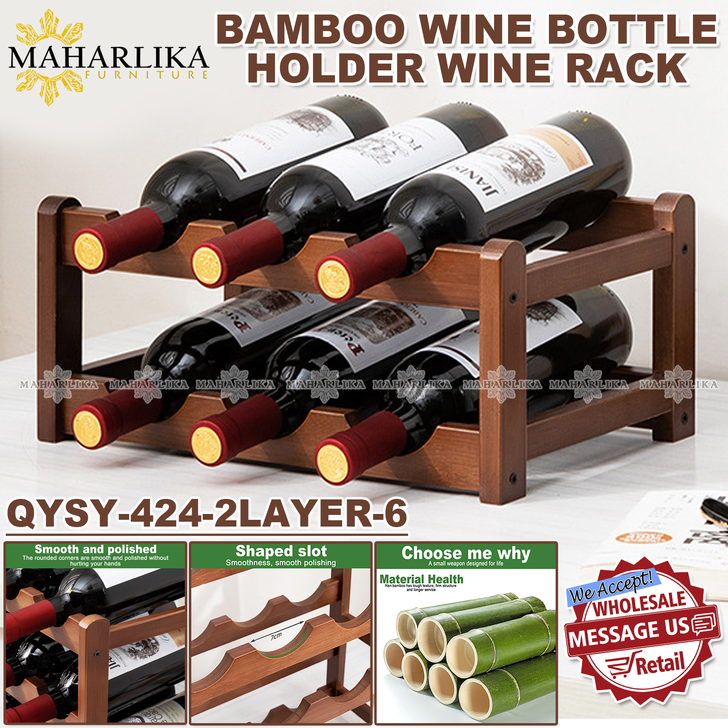 Maharlika QYSY424 Bamboo Countertop Wine Rack Wine Bottle Holder Wine