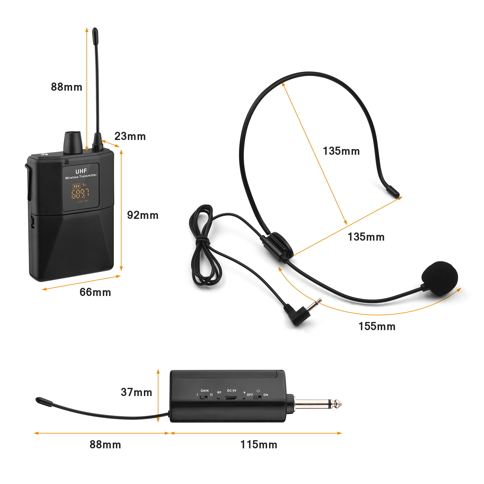 UHF Wireless Microphone Headset with Transmitter and Receiver, LED Digital Display Bodypack Transmitter, Headset Mic for Teaching Meeting Speech Live Performance