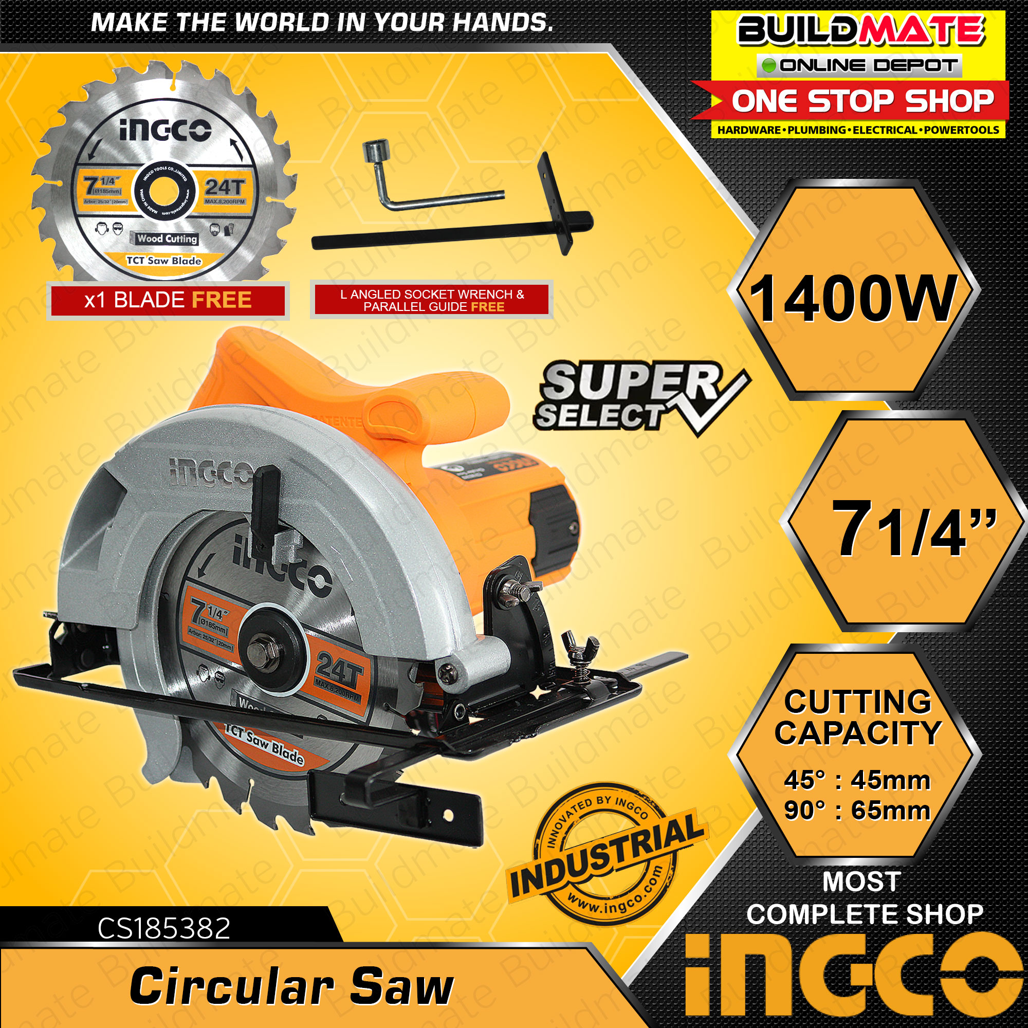 INGCO Circular Saw 71/4" 1400W 1600W SUPER SELECT Wood Cutting Power Saws Electric Cutting