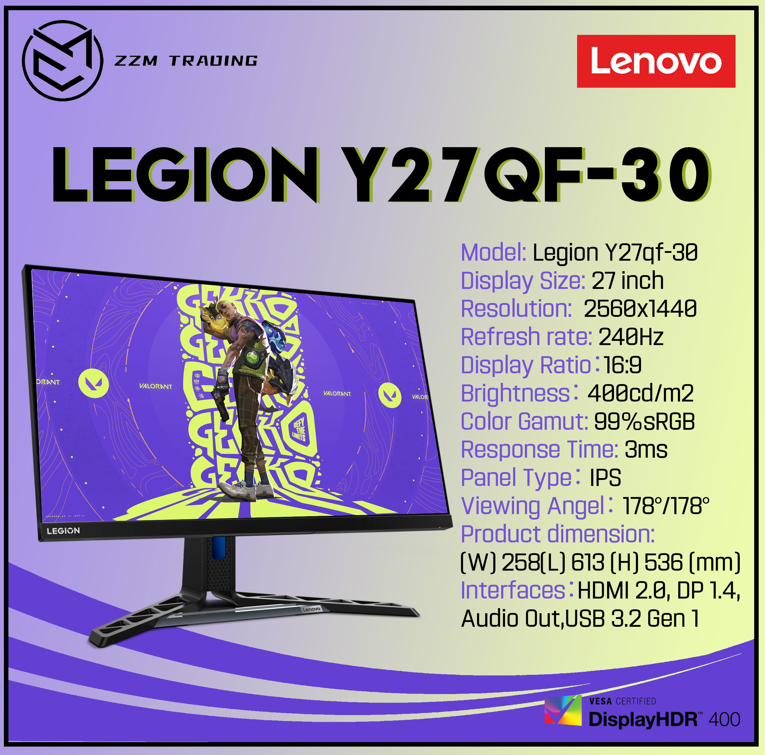 Écran Gaming 27 Lenovo Legion Y27h-30 avec EyeSafe 2K QHD, IPS