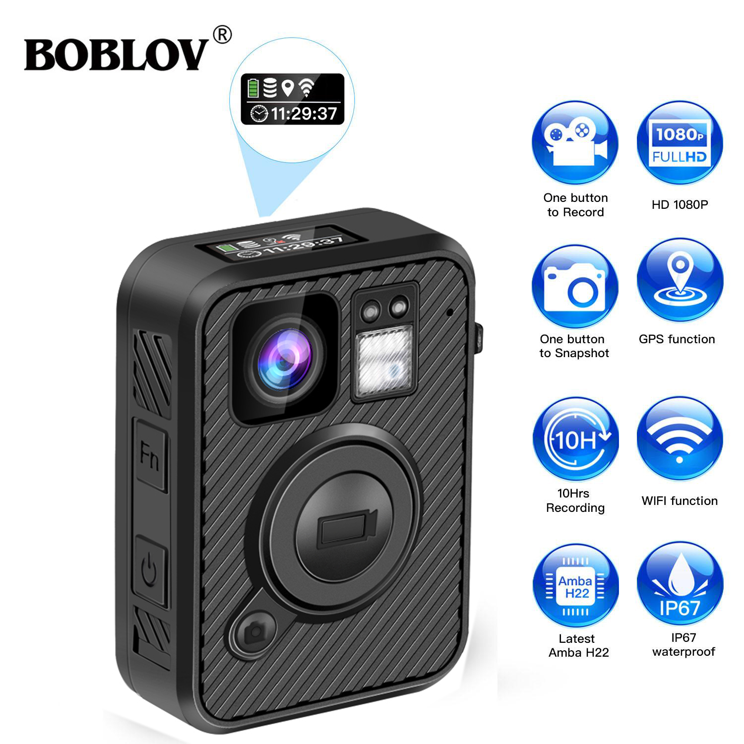 BOBLOV F1 Body Camera 64G 2K 1440P GPS No WiFi Version Police Body Camera One Big Button for 10Hs Recording Night Vision Camcorder with .66inch Screen 