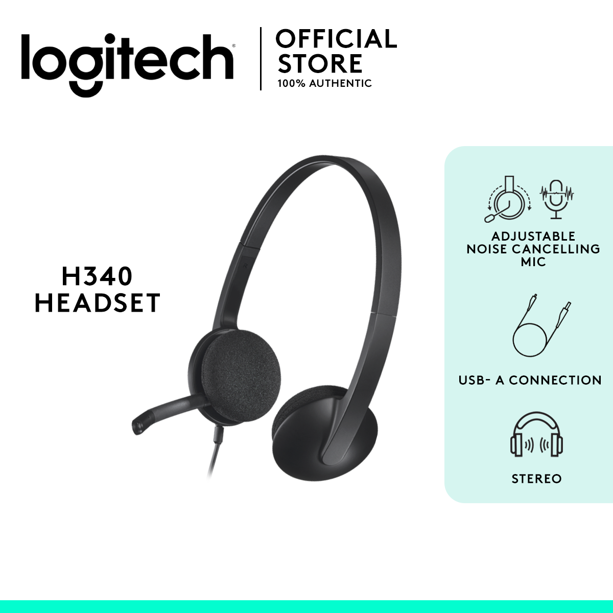 (TOP SELLER) Logitech H340 Wired Headset, Stereo Headphones with  Noise-Cancelling Microphone, USB, PC/Mac/Laptop Black