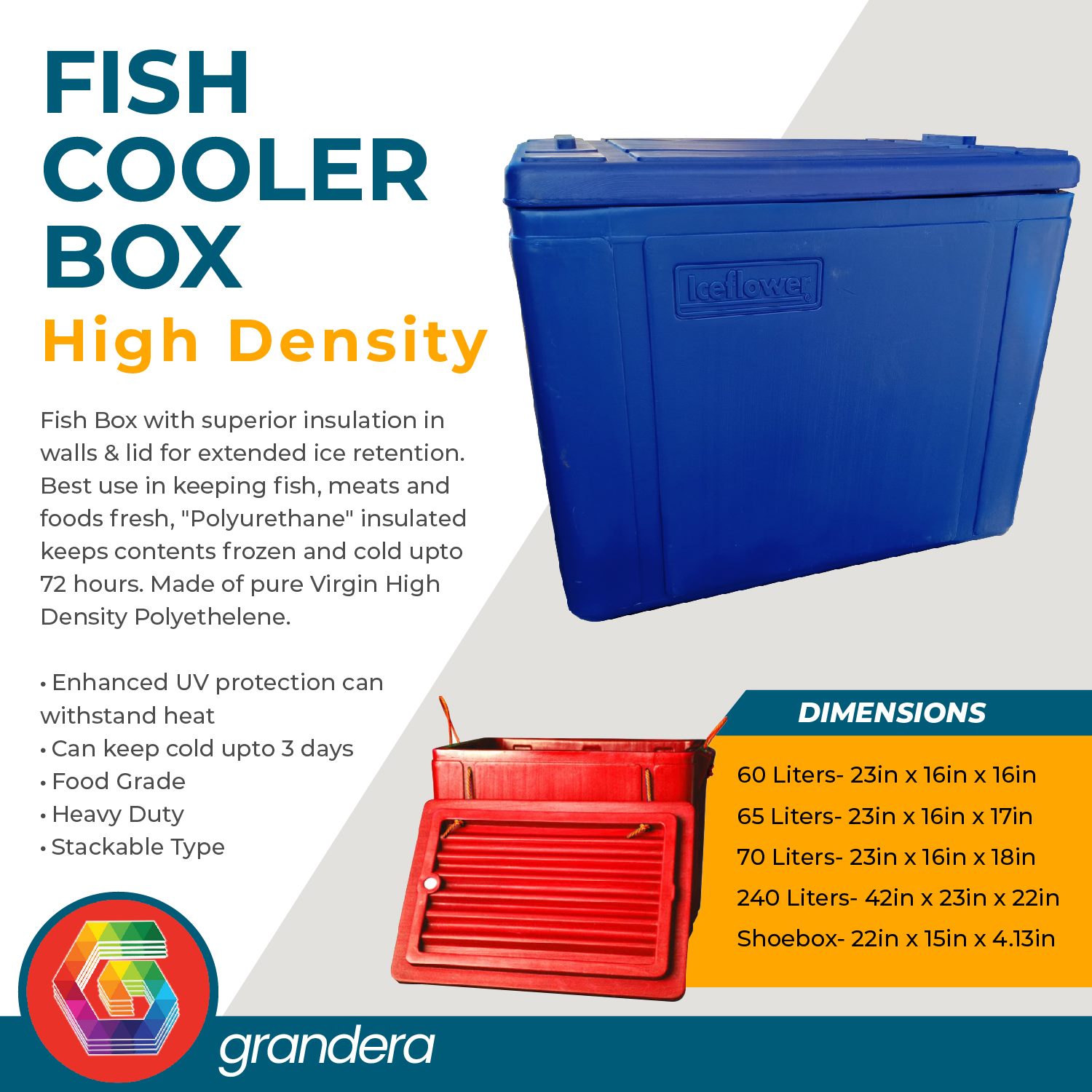Fish Cooler Box 70Liters RED 23inx16inx19in) Agricultural