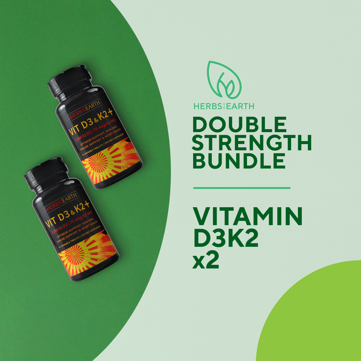 2 Bottles Vitamin D3 + Vitamin K2 MK7 Bone Strength, Heart Health