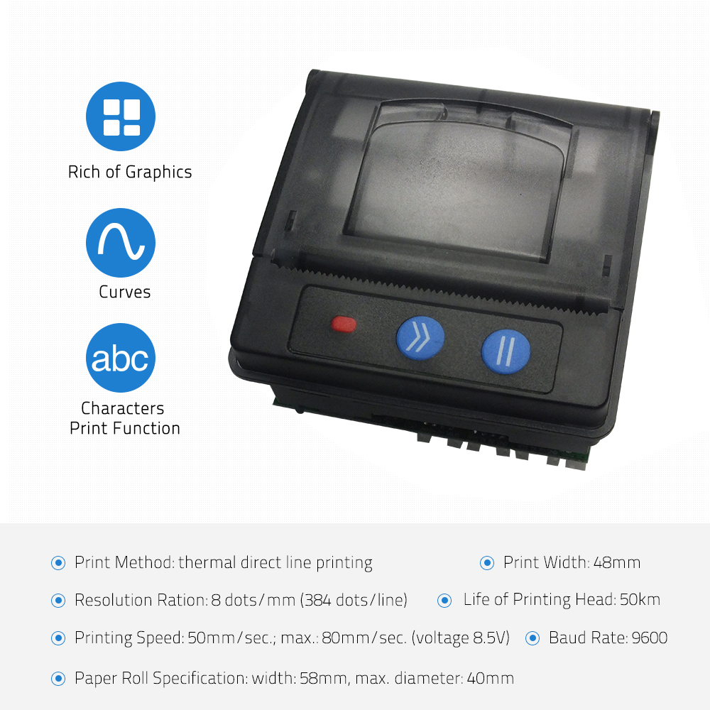 GOOJPRT QR203 Printer Module 58mm Low Noise Direct Thermal Printing Mini Panel Mobile Receipt Printer Serial Interface RS-232C TTL USB
