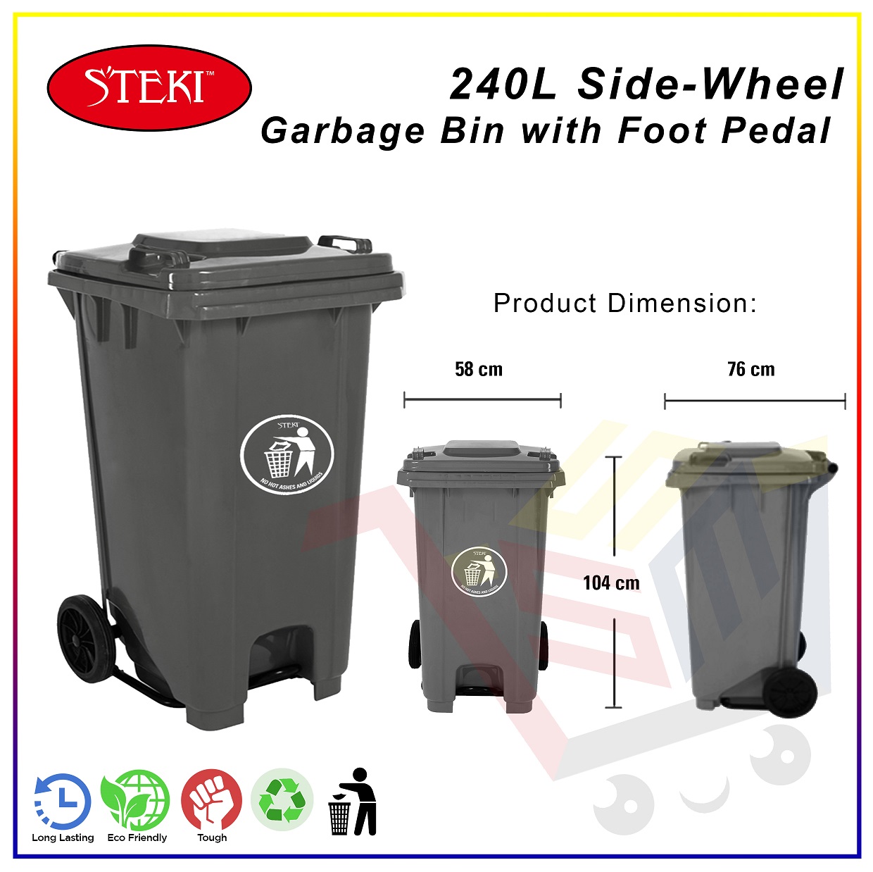 STEKI™ 240L Sidewheel Garbage Bin with Foot Pedal/Trash Bin/Waste Bin