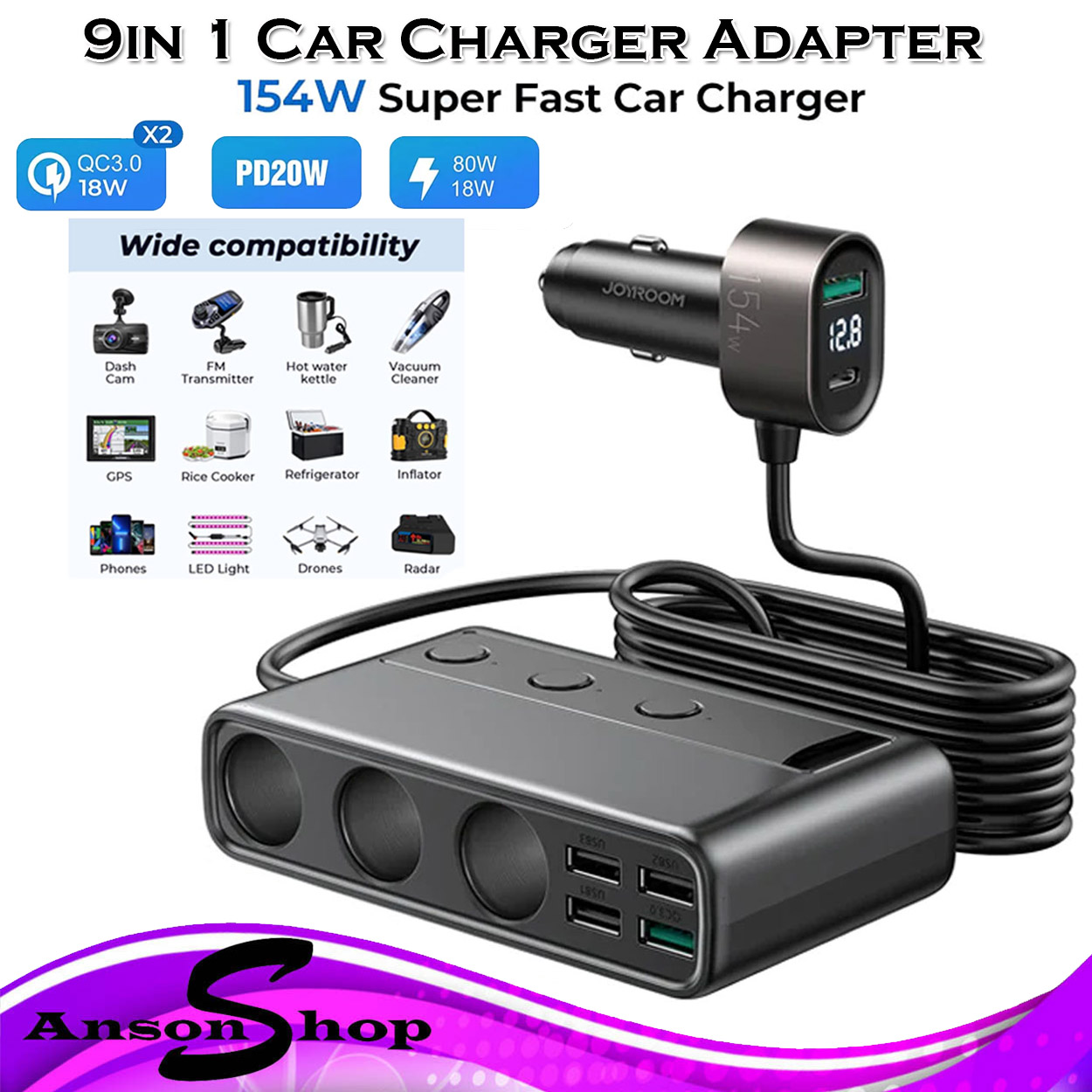 9 in 1 Car Charger Adapter, Joyroom 3 Socket Cigarette Lighter Splitter  with PD/QC 3.0 * 2 Charge(3.3FT Cable), 154W 12V/24V Independent Switches  DC Cigarette Outlet Car Charger for All Car Devices