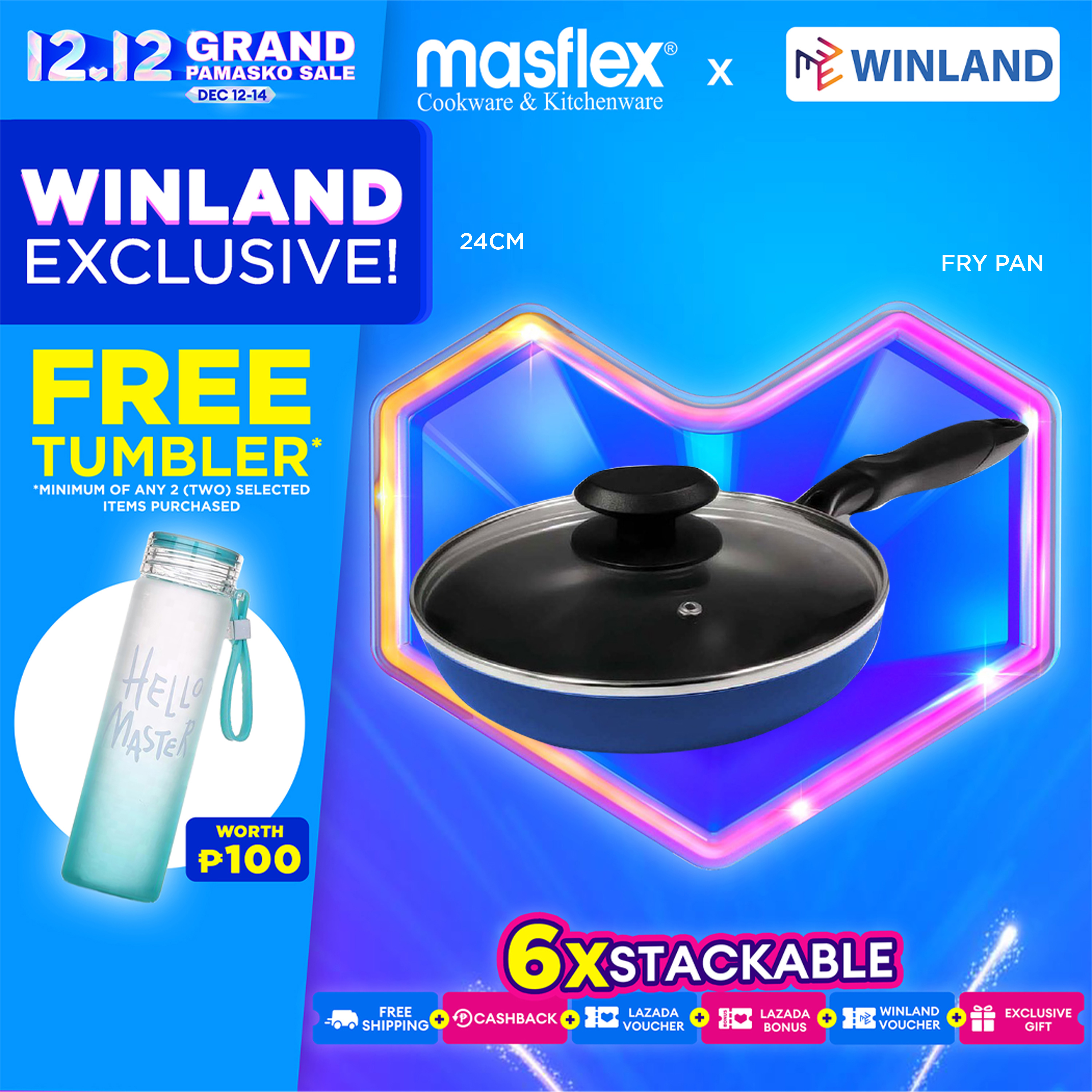 Masflex by Winland Non Stick Induction Stir Fry Pan with Glass Lid Frying Pan 24cm NSCX802