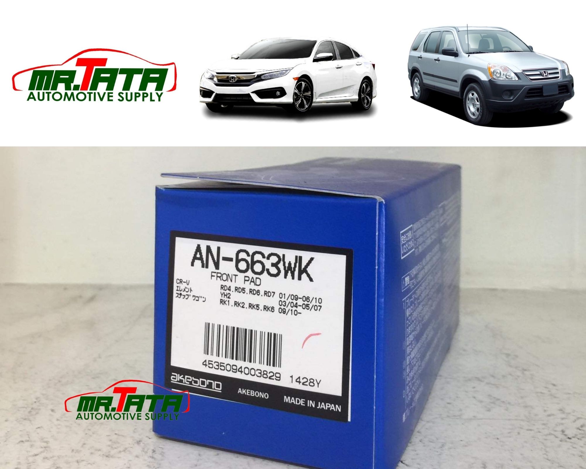 Akebono Brake pads FRONT for Honda Civic FC 2016+ and Honda CRV 2nd gen