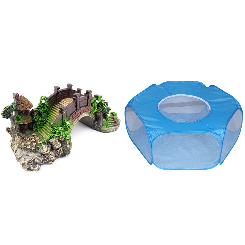Small Animal Playpen Foldable Pet Cage with Aquarium Decoration Resin Arch Bridge Model