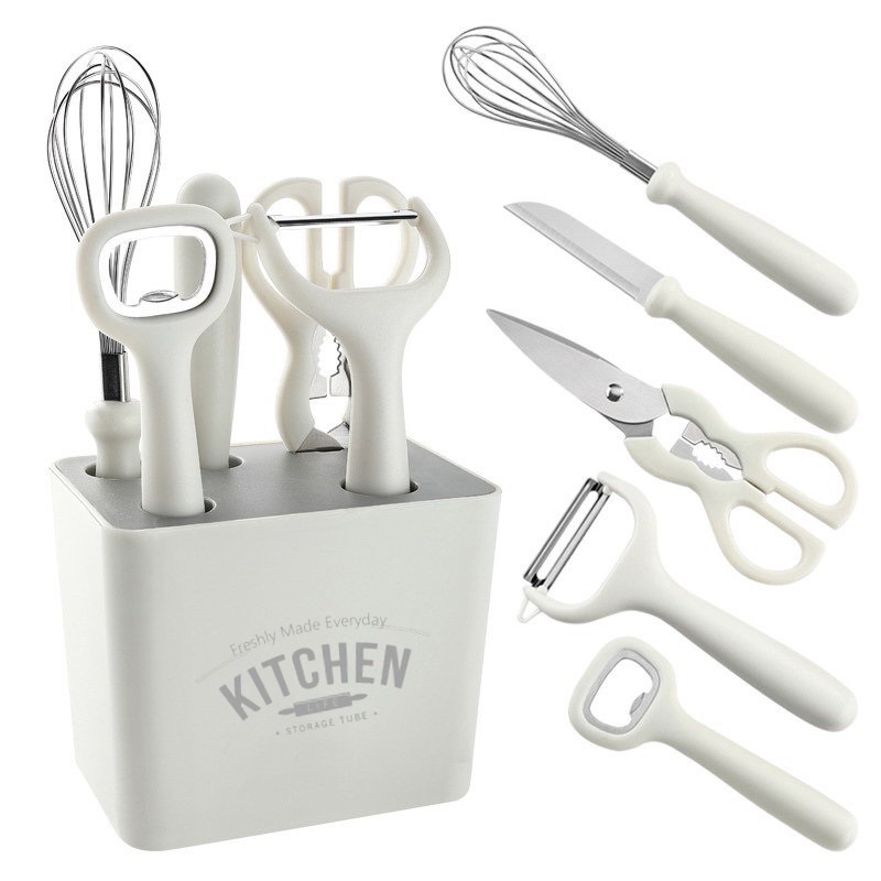 Aesthetic 5 in 1 white kitchen utensil set (bottle opener, peeler