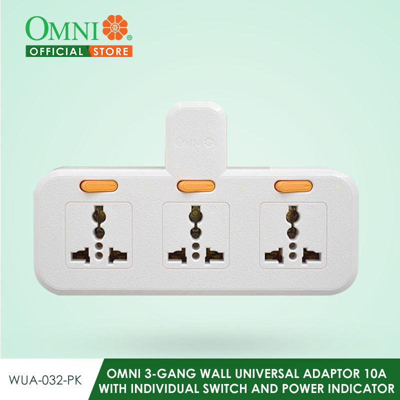 OMNI 3-Gang Wall Universal Adaptor 10A with Individual Switch and Power ...