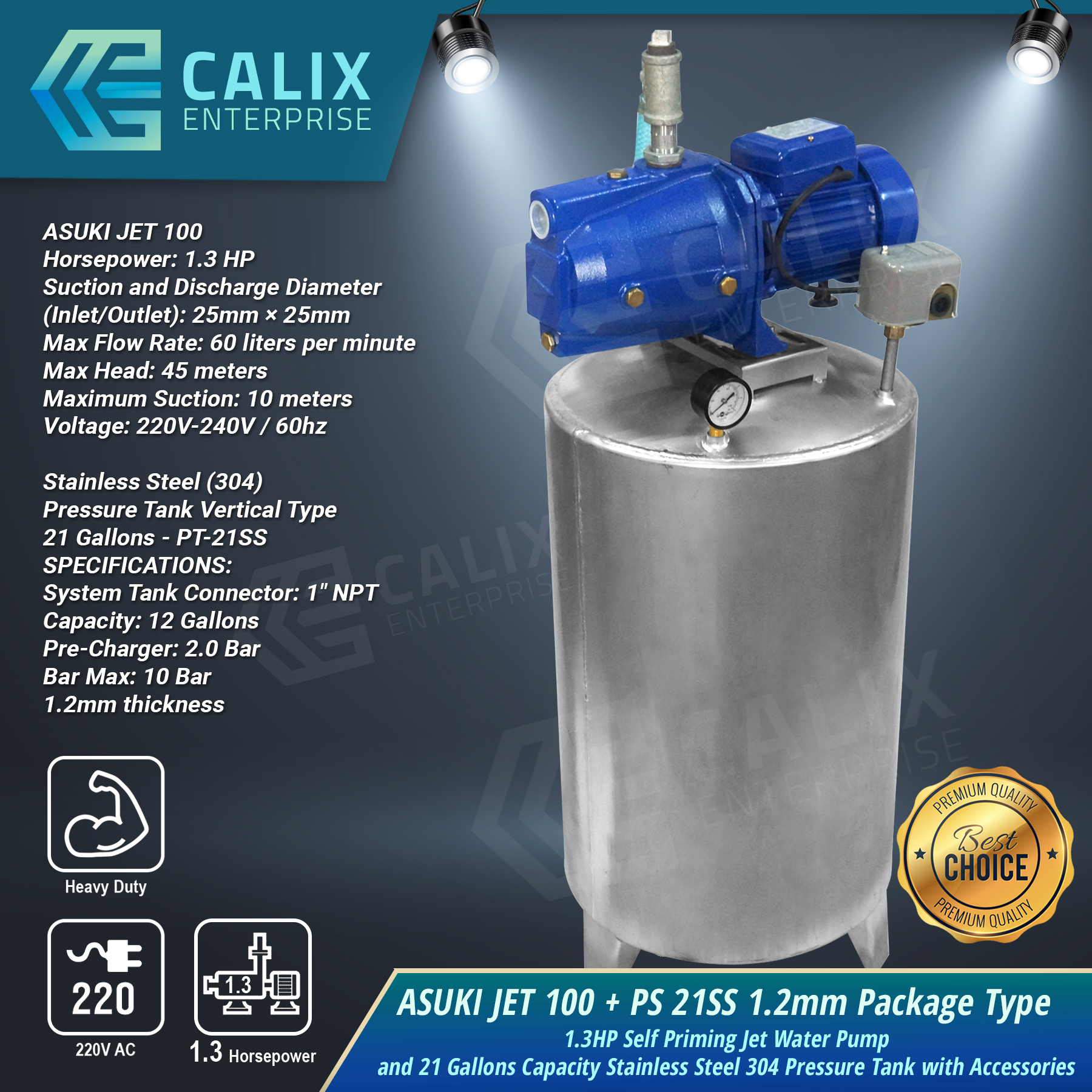 Self Priming Jet Water Pump 1.3HP and Pressure Tank 21 Gallons