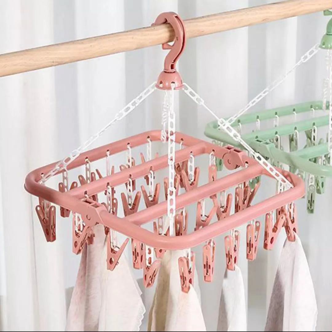 Folding Clothes Towels Hanger Socks Underwear Drying Rack With 32 Clips G 