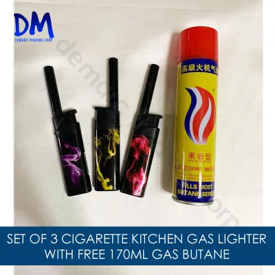 BUNDLE OF 3 Kitchen Outdoor Personal Cigarettee Refillable Butane Gas Lighter with FREE 170ML Refill Butane Gas (No Specific Color)