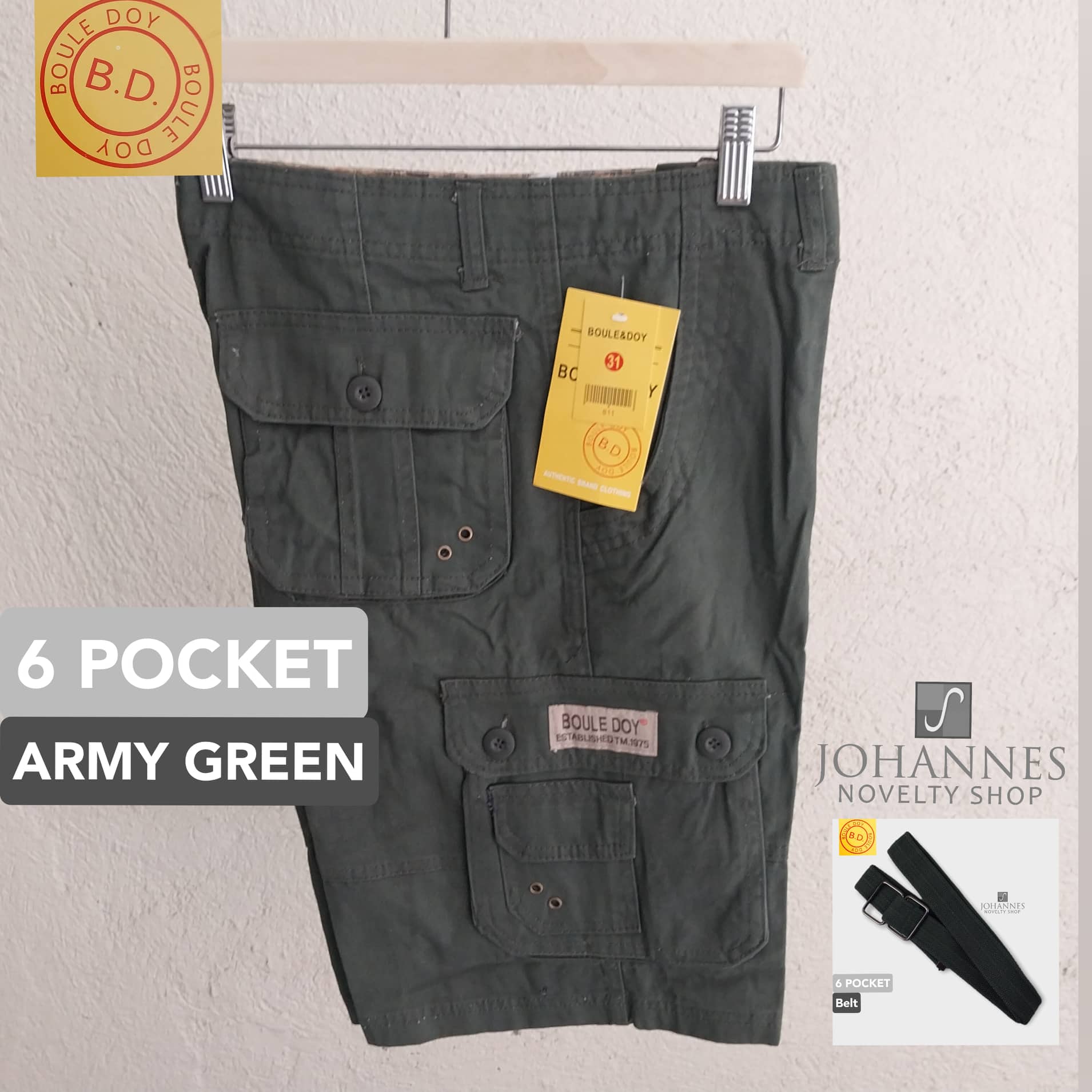 Boule Doy 6 Pocket Cargo Shorts for Men with Belt Classic Plain