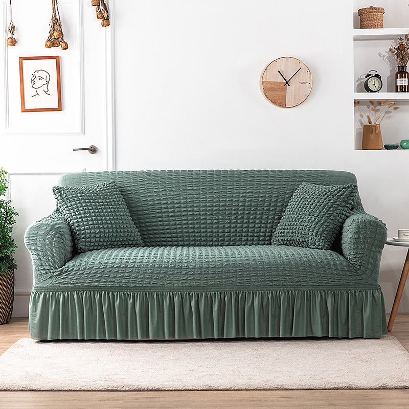 1/2/3/4 Seater Seersucker Sofa Cover with Elastic Skirt 3D Bubble Cloth ...