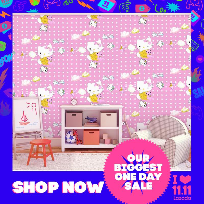 Wallpaper Self Adhesive Hello Kitty Wallpaper Waterproof Pvc With Glue Wall Stickers Renovation Background Sticker For Home Bedroom Living Room Girl