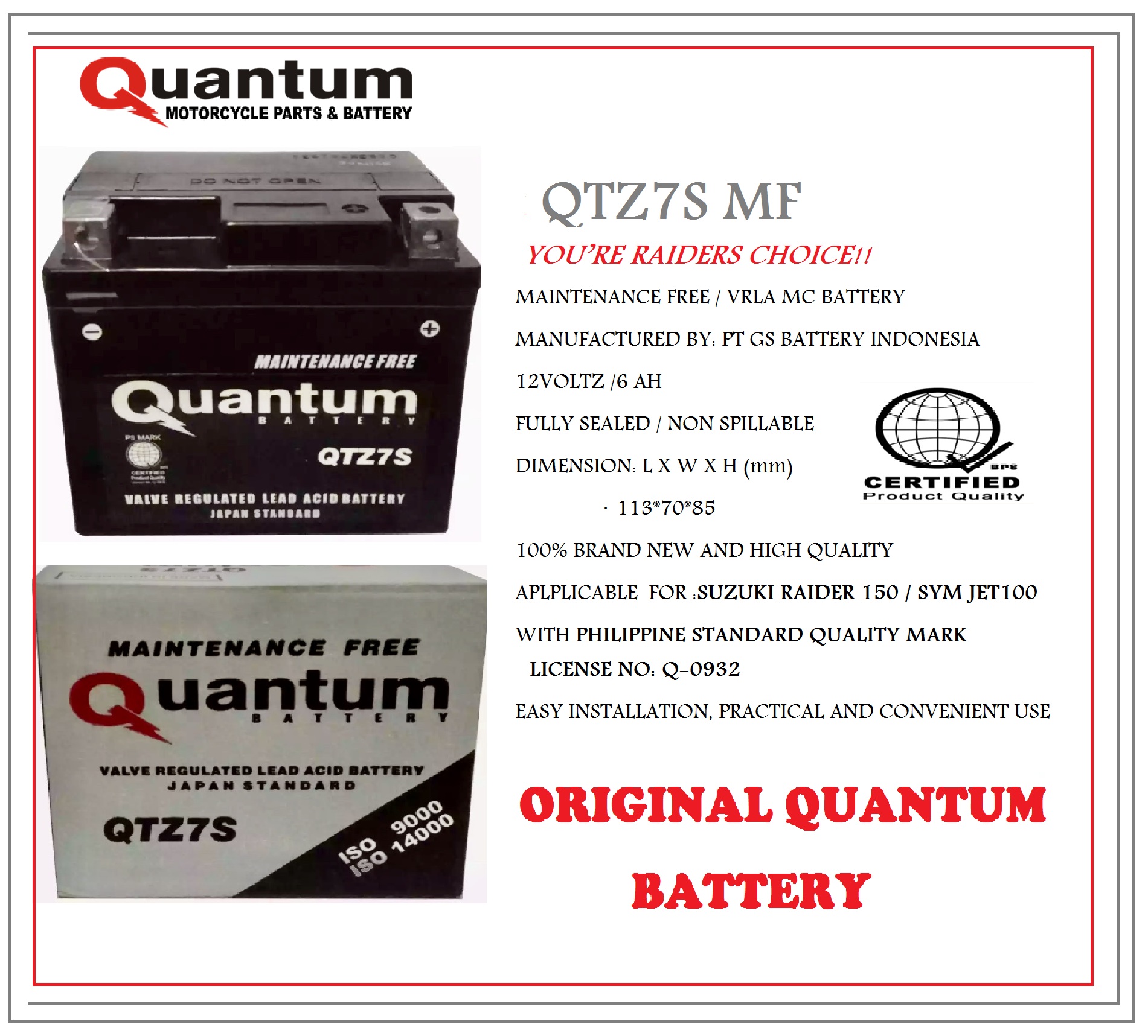 QUANTUM BATTERY FOR RAIDER150 ORIGINAL MC BATTERY QTZ7S MF Lazada PH