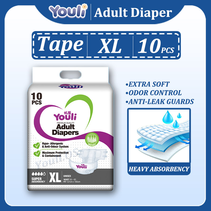 Youli Adult Diaper Xl 10 Pcs （waist 58 67） Tape Suitable For Weight 70 90kg Pregnant 0435