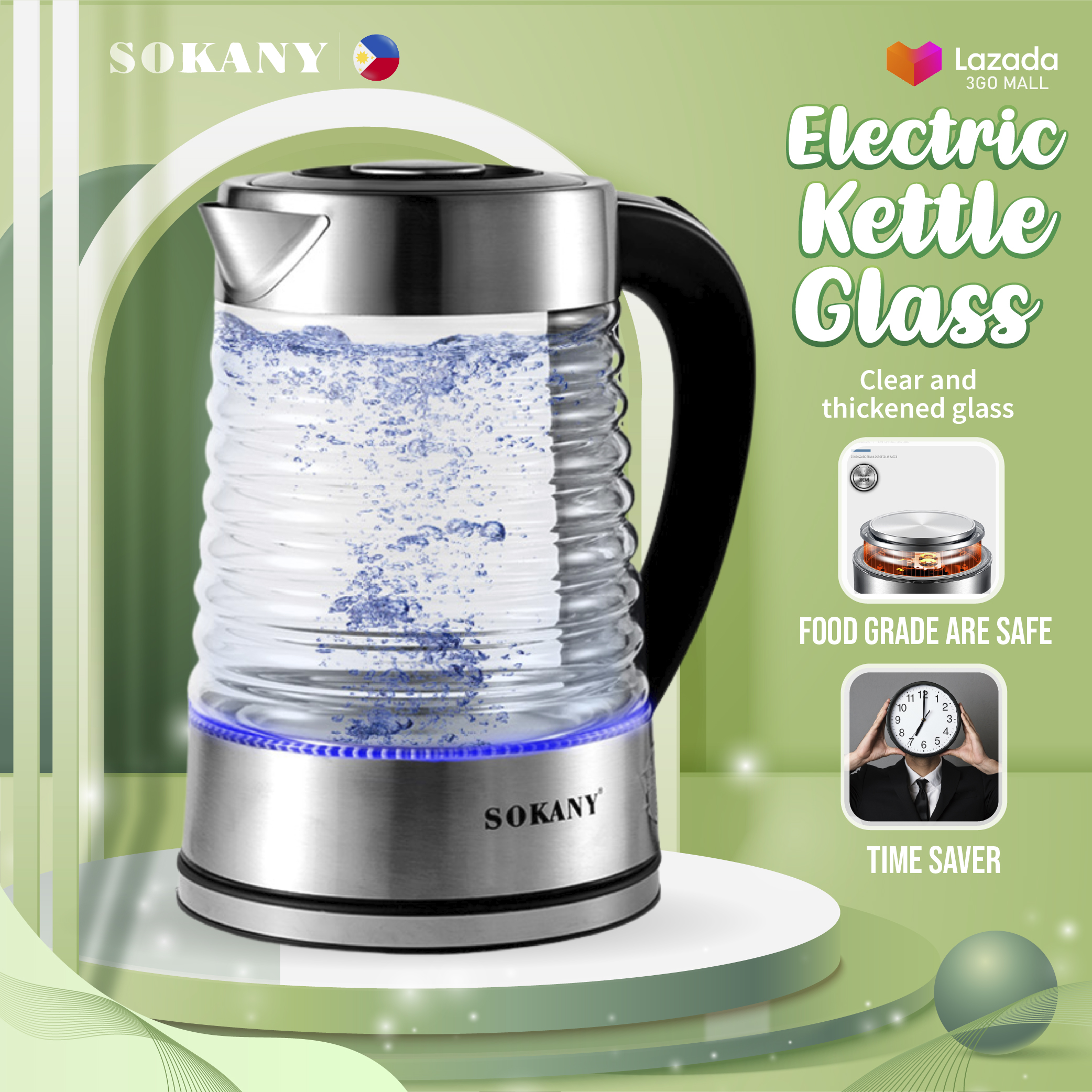 Sokany 2.2L Electric Kettle Glass Stainless Steel Tea Water Boiler Led Fast  Hot