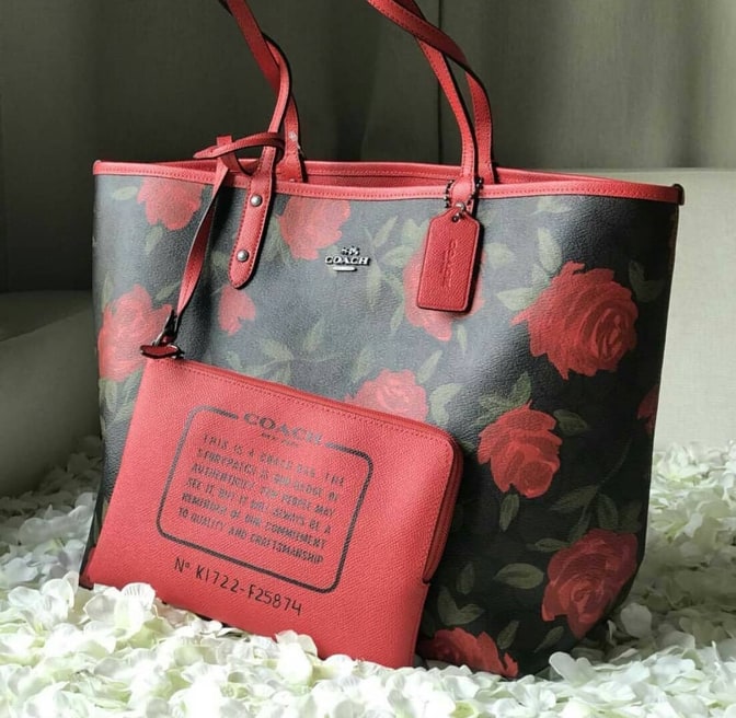 Coach F25874 Signature Coated Canvas Monogram with Camo Rose Floral Print -  Brown / Red Women's Reversible City Tote Bag with Pouch | Lazada PH