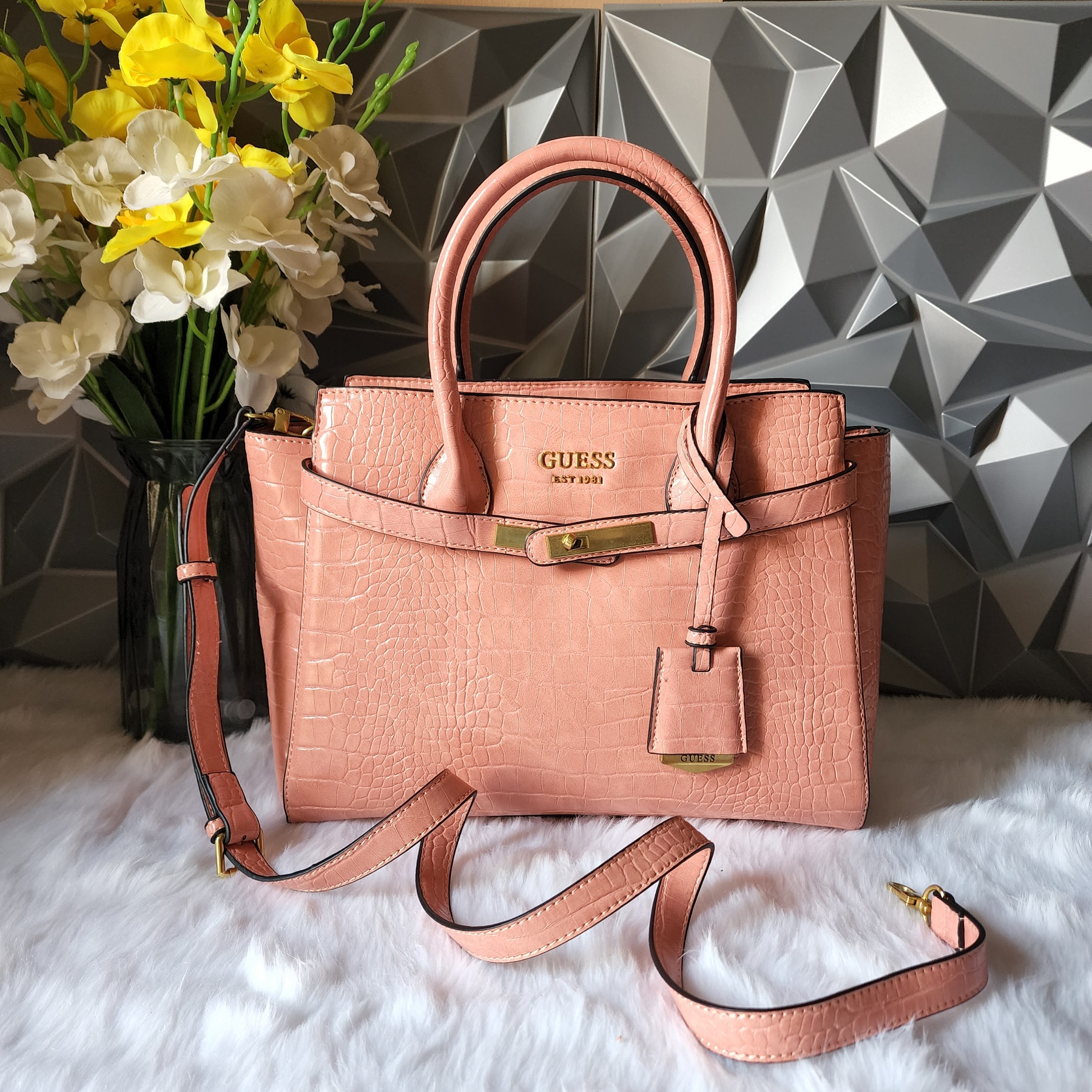 Guess Enisa High Society Top Handle Bag in Croc Effect Coral Faux