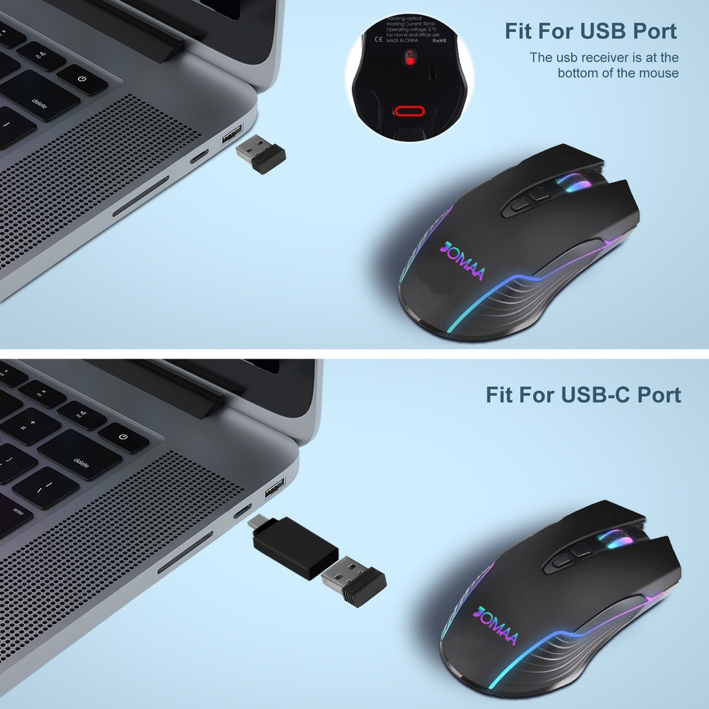 JOMAA Jiggle Type C Wireless Mouse for MacBook Laptop Computer Mouse USB 2.4GHz Ergonomic Mice Adjustable 2400DPI Gaming Mouse Backlit