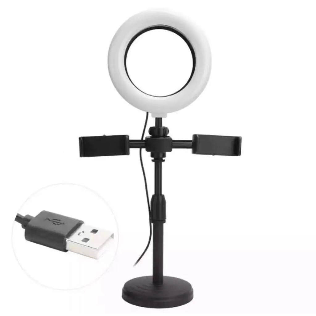 Dual Phone Holders Stand with Ring Light Live Video Desktop Tripod Support Rotation Foldable