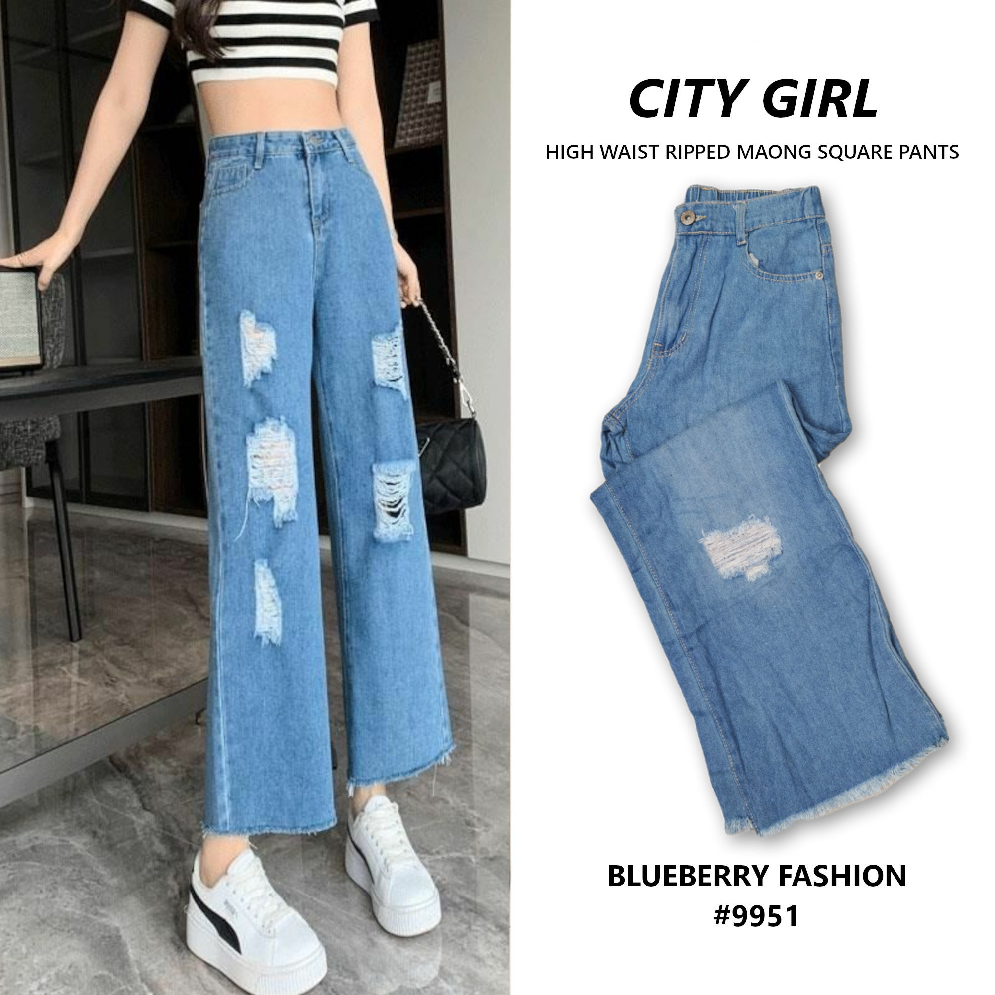 CIYT GIRL Blueberry Square pants Maong Ripped jeans high waist Korean ...