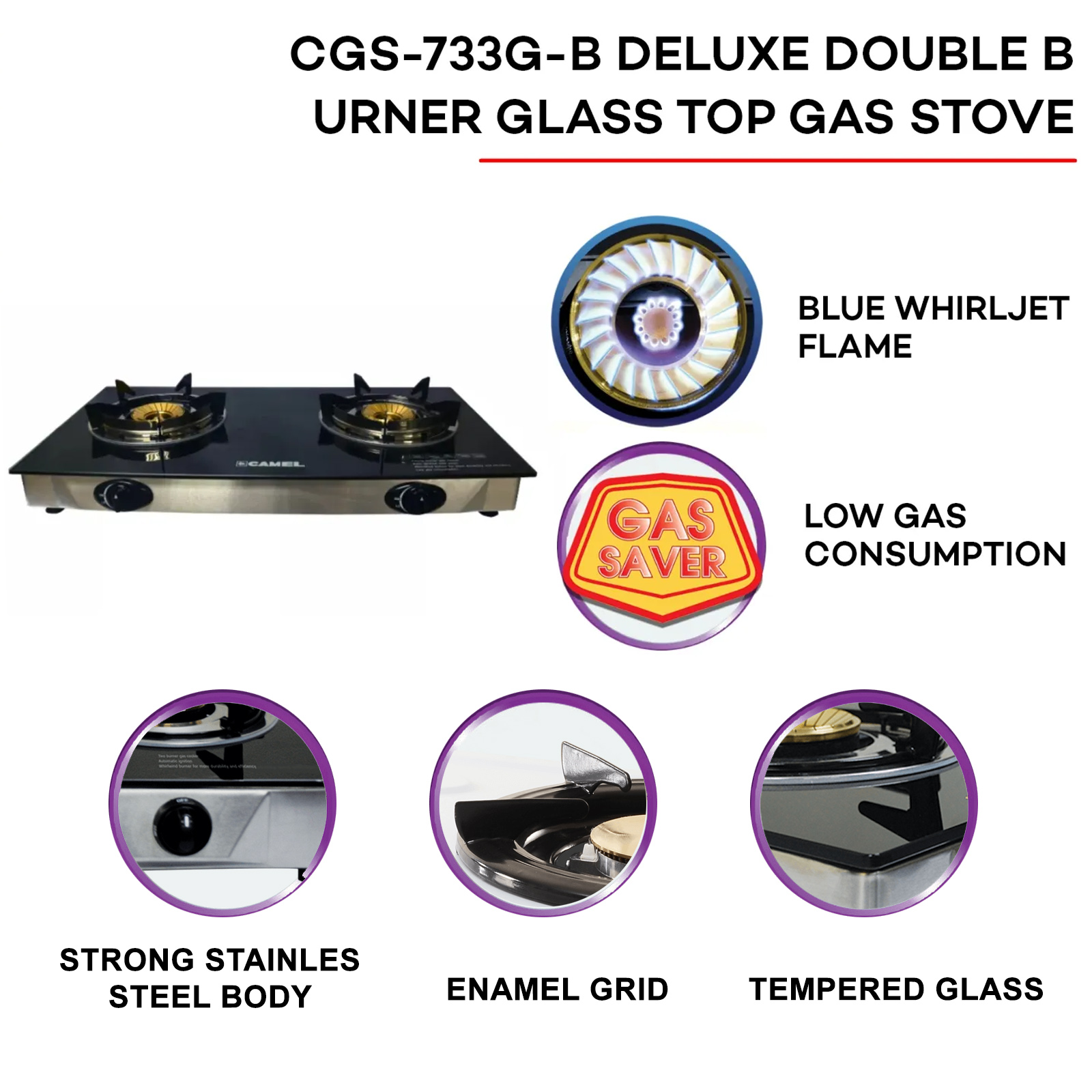 CAMEL by OSOS Cooking Stove Deluxe Double Burner Glass Top Gas Burner
