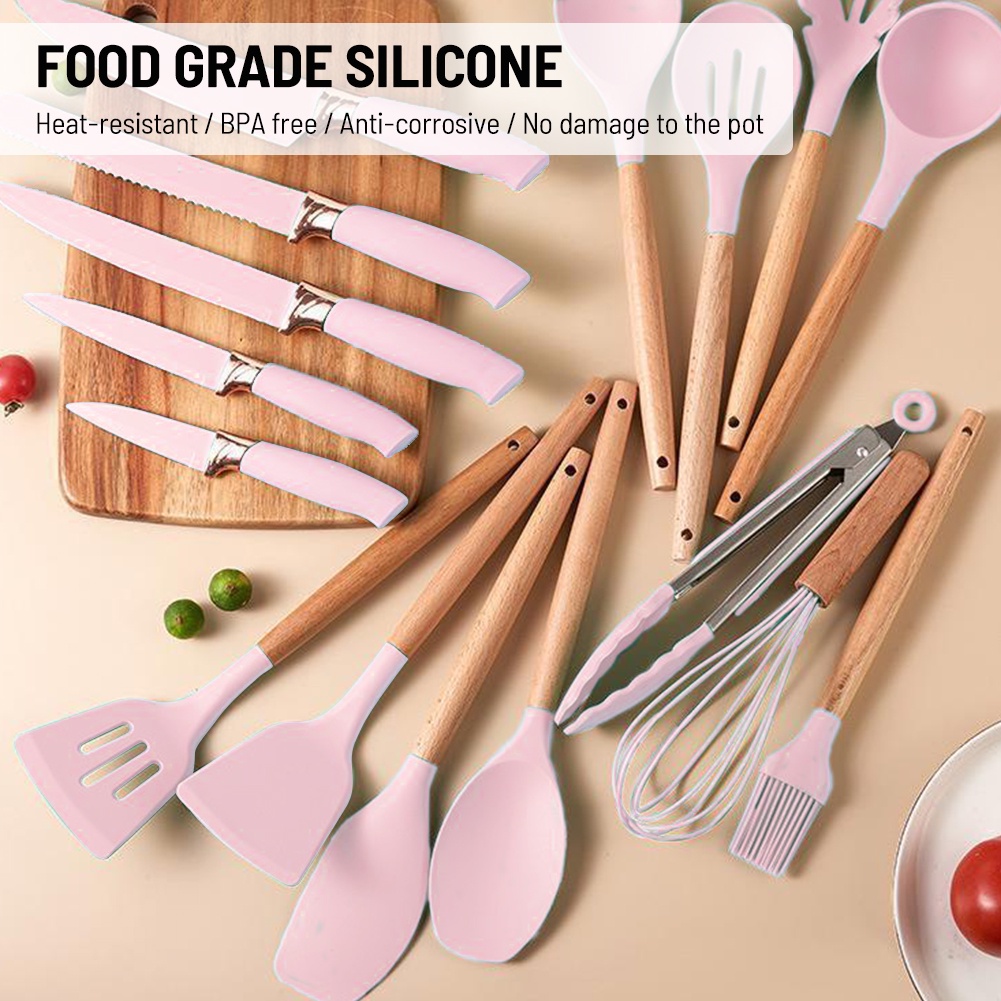 New Green Silicone Kitchen Utensils Set 19Pcs Non-Stick Cookware For Wooden  Spatula Egg Beaters Kitchenware