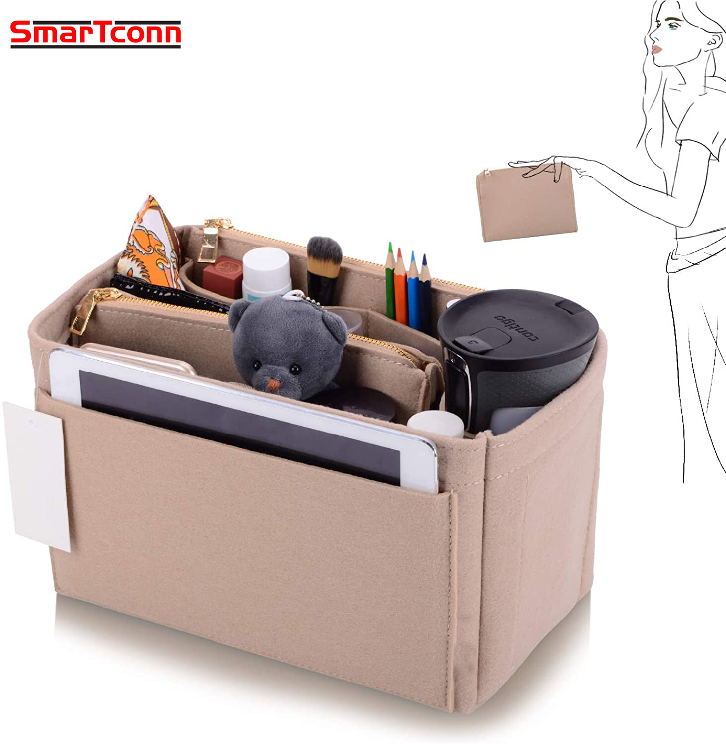 Smartconn Felt Insert Bag Organizer with Zipper, Small Handbag