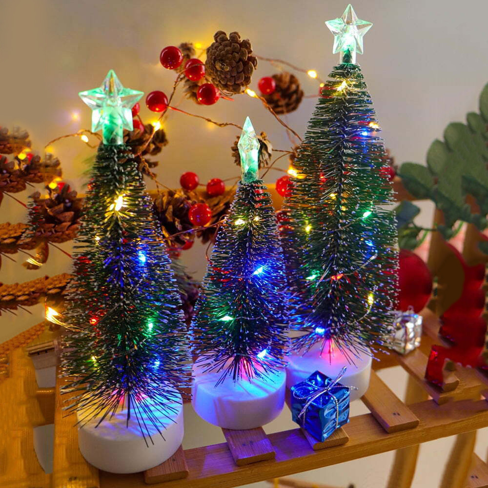 Artificial Mini Christmas Tree With LED Lights Xmas Tabletop Trees Ornament  Random shipment Desktop Miniature Christmas Trees Mini Pine Tree with Snow  and Wood Base for Xmas Holiday Party Home Tabletop Decor