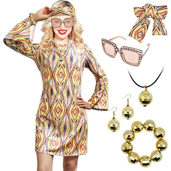 6PCS 70s 80s Hippie Dress Costumes Necklace Earrings Sunglass