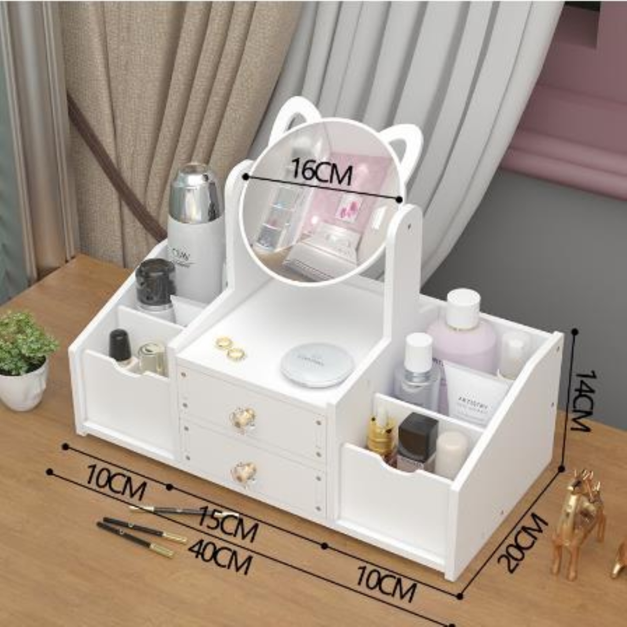 Cute makeup Cat Ear Makeup Mirror With Jewelry Compartment Drawer Cosmetic
