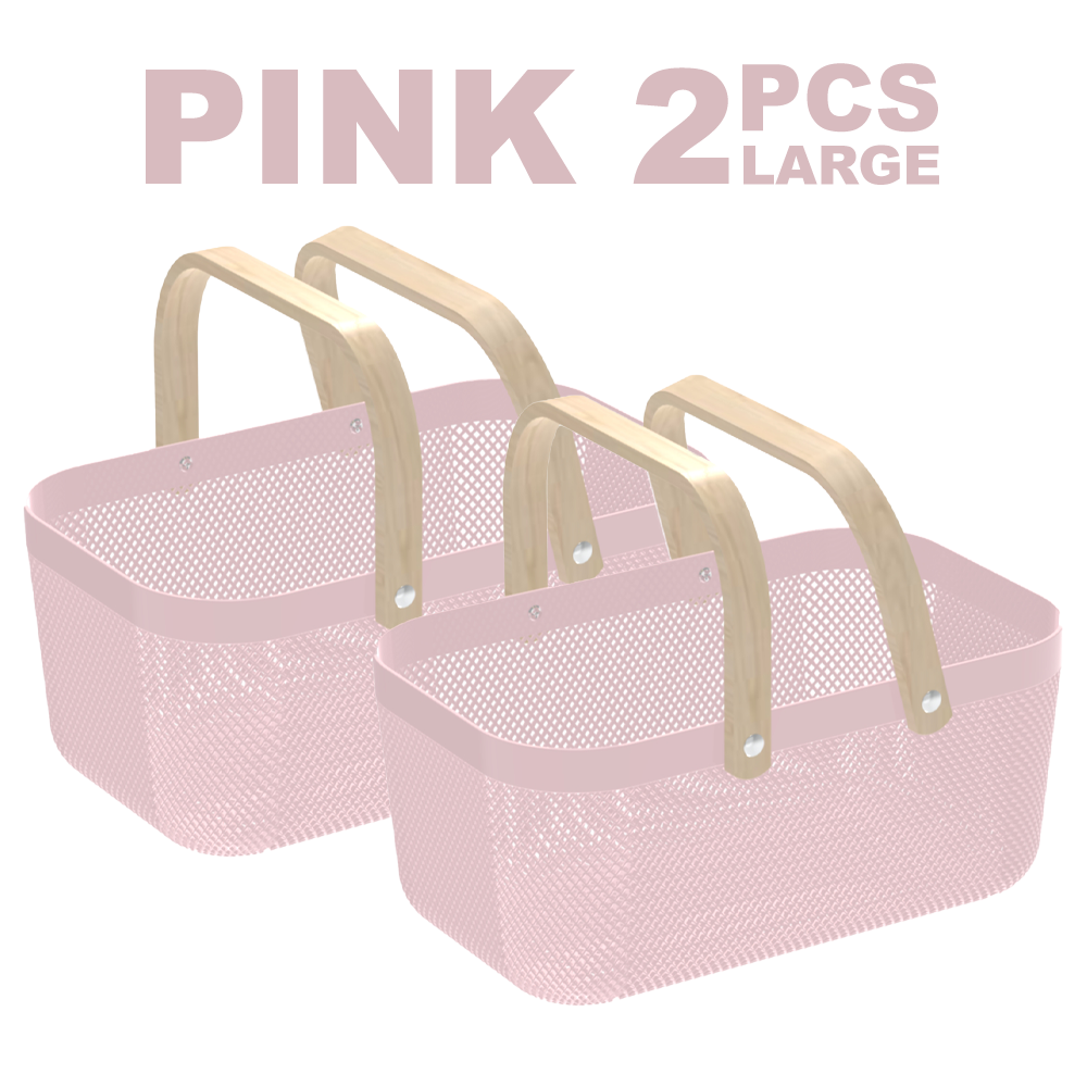 Locaupin Set of Plastic Mesh Basket with Wooden Handle Cosmetic