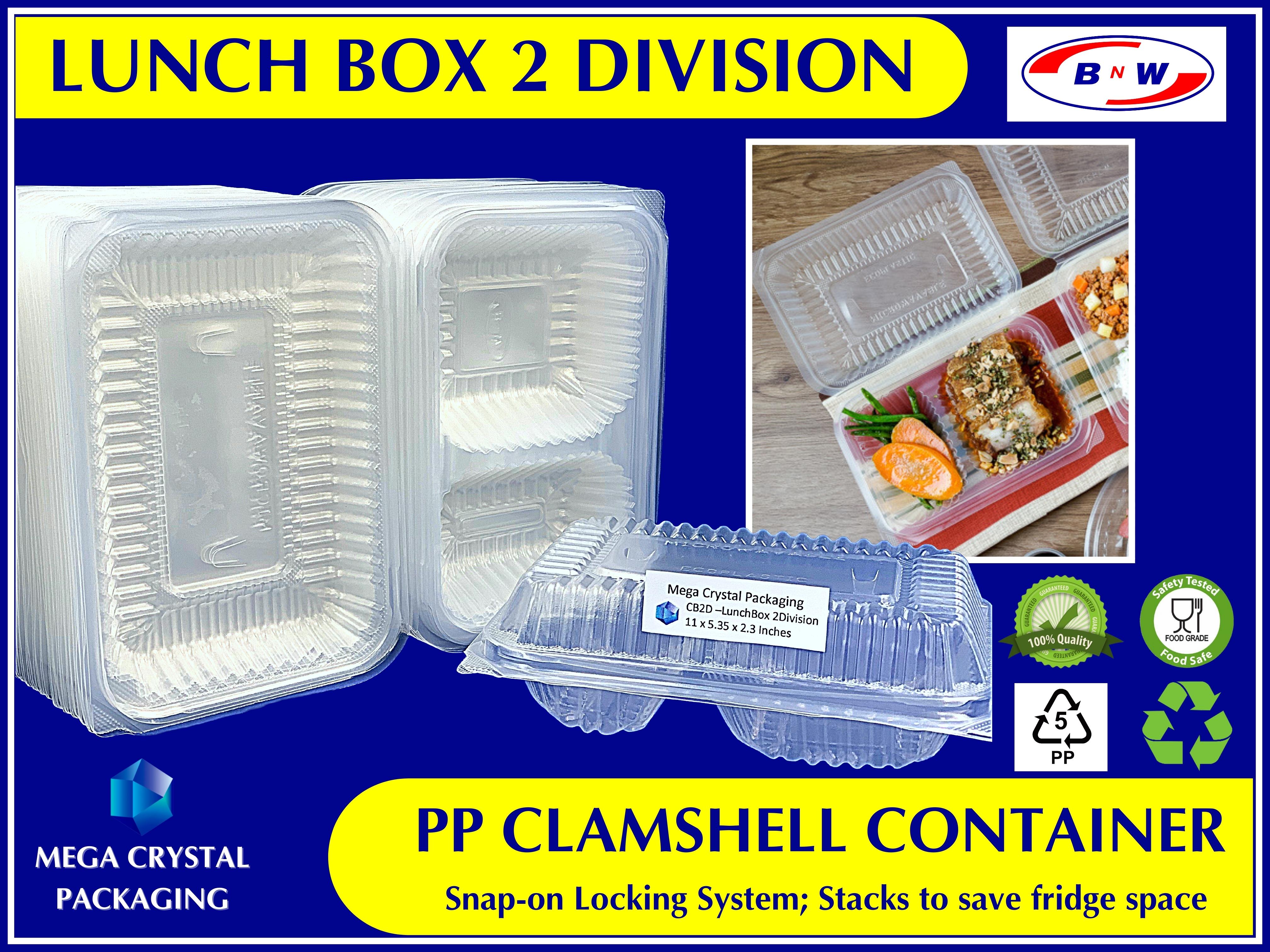 Microwavable Plastic Clamshell Containers CB 2D Lunch Box 2 Division